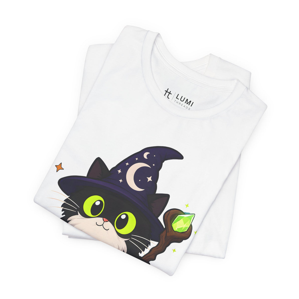 The Wizard Black Cat Halloween T-Shirt for Adults in White, folded