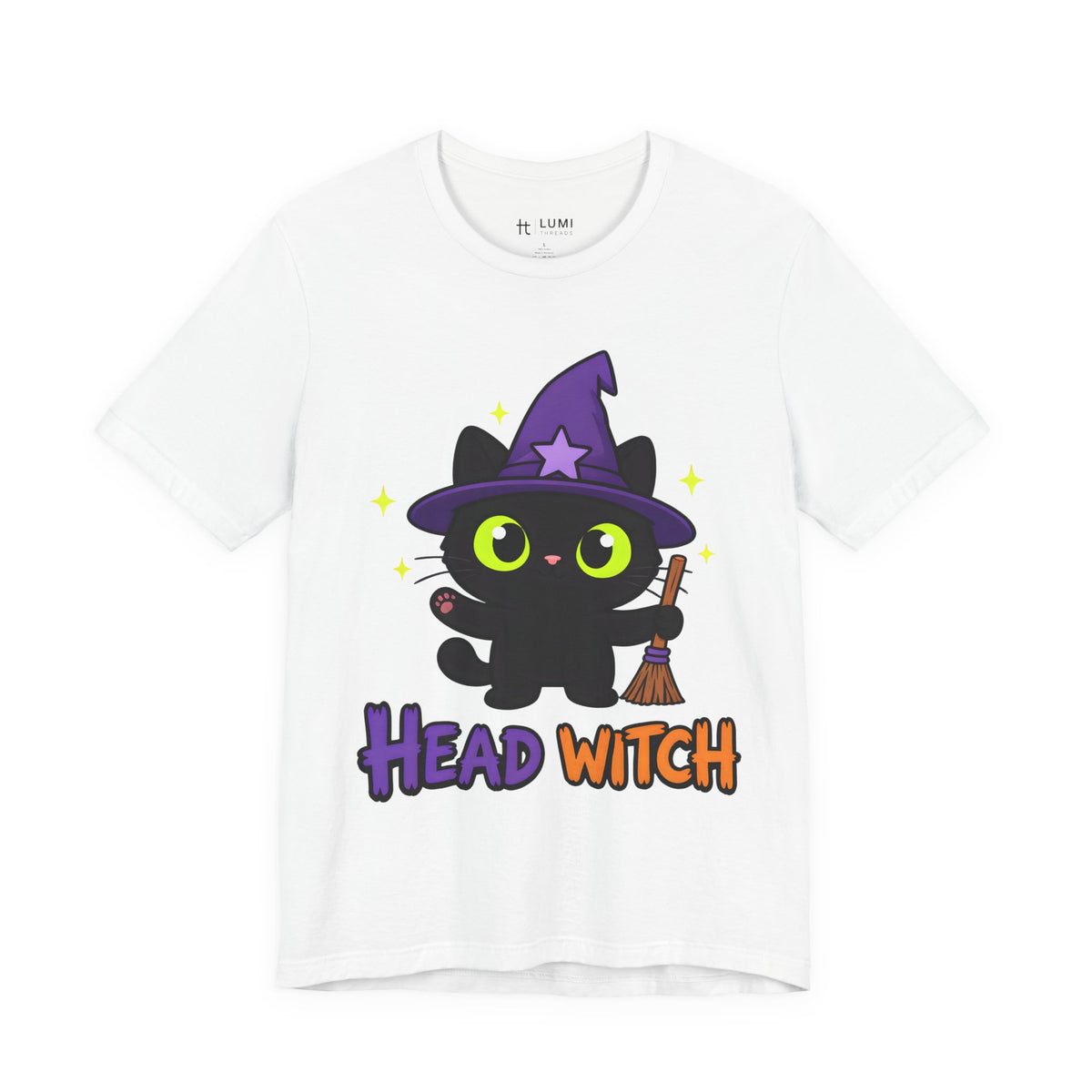 Head Witch Black Cat Halloween T-Shirt for Adults in White, front