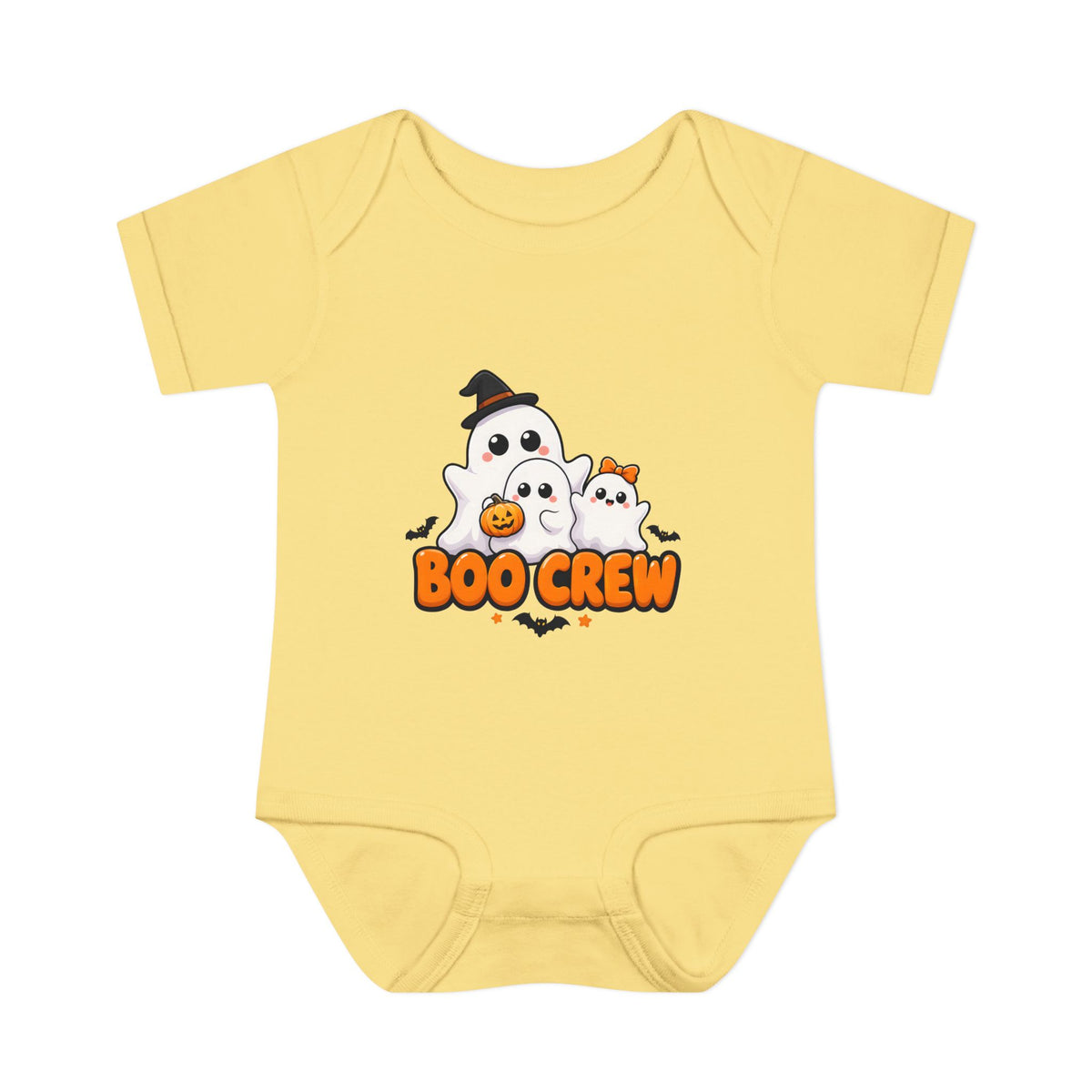 Boo Crew Cute Ghost Baby Halloween Bodysuit in Banana, front