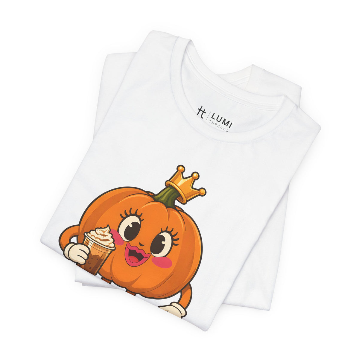 Pumpkin Queen Pumpkin Spice Halloween T-Shirt for Adults in White, folded