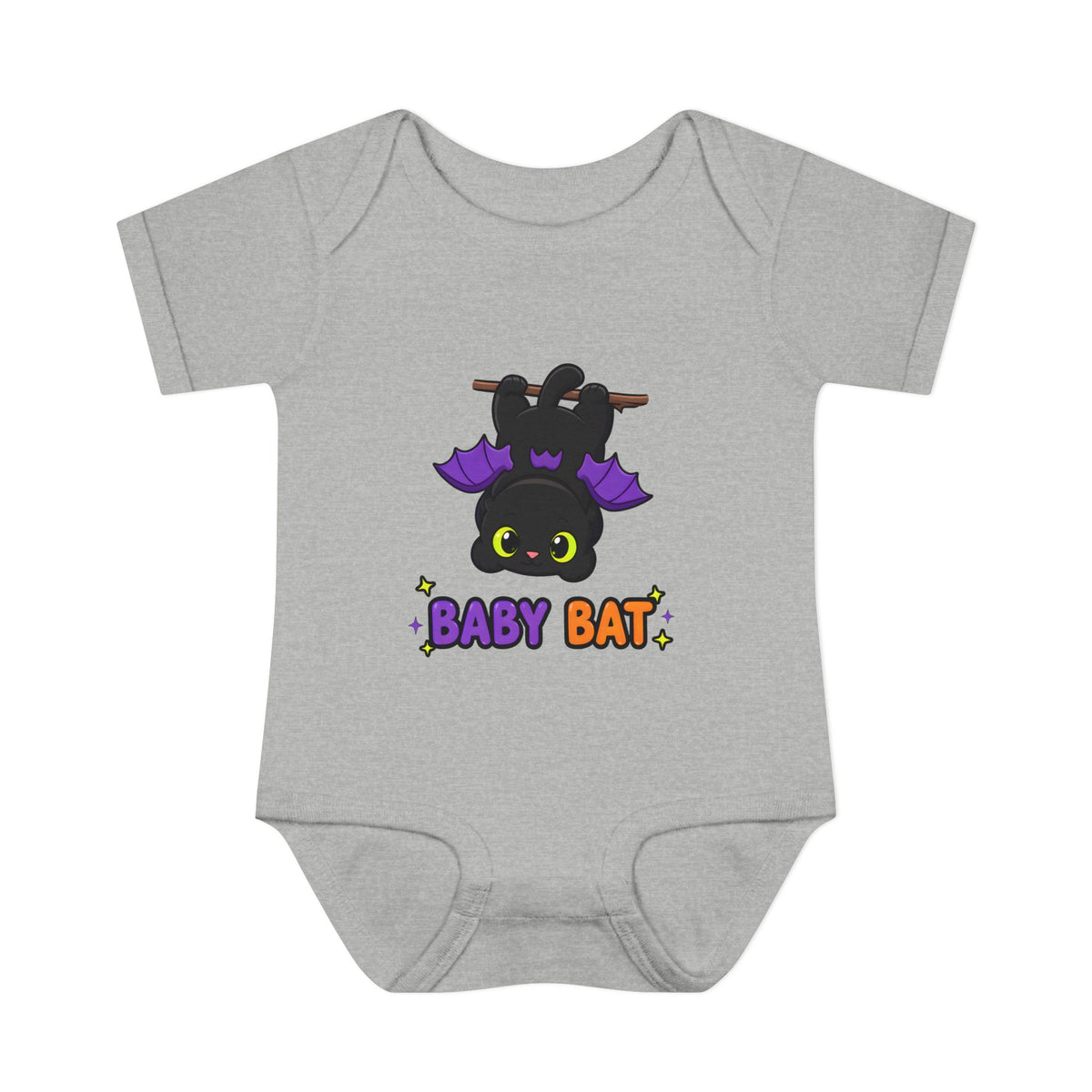 Baby Bat Black Cat Baby Halloween Bodysuit in Heather, front