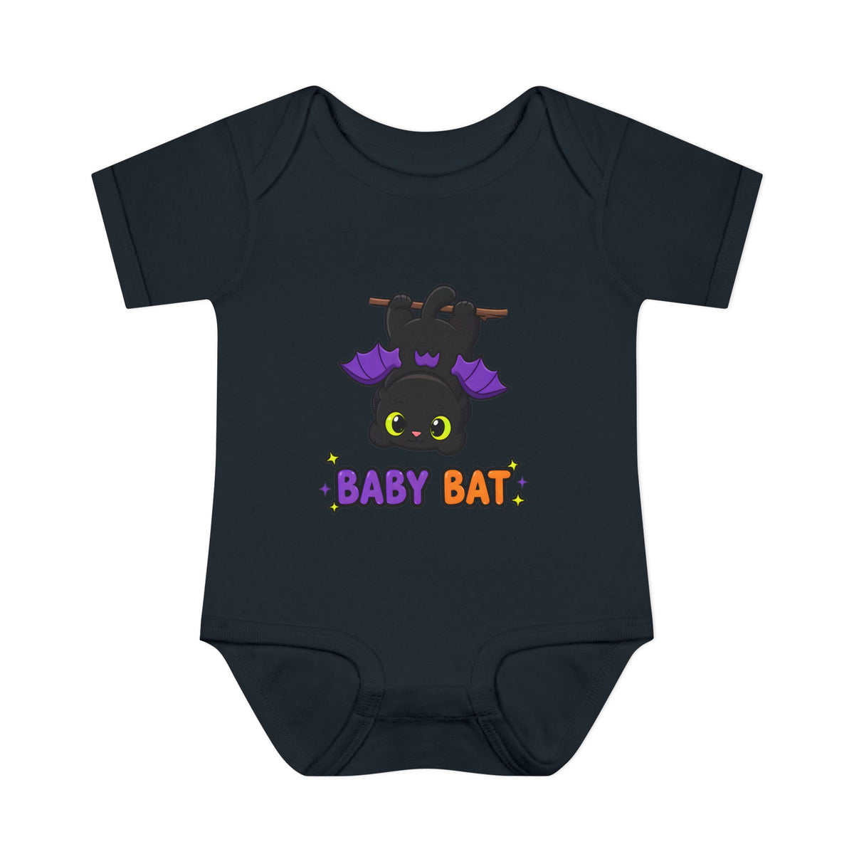Baby Bat Black Cat Baby Halloween Bodysuit in Black, front