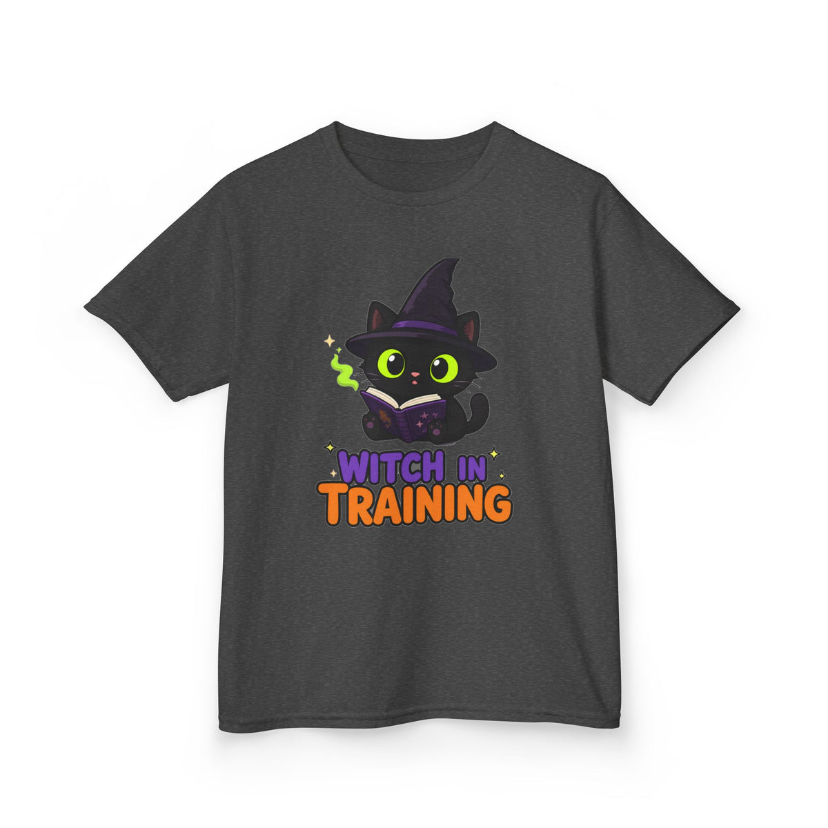 Witch in Training Black Cat Kids Halloween T-Shirt in Dark Heather, front