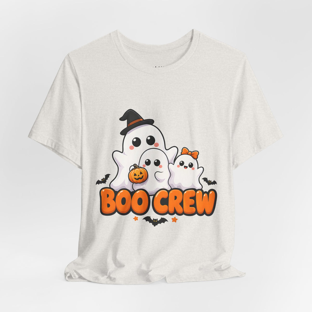 Boo Crew Cute Ghost Halloween T-Shirt for Adults in Heather Cement, front