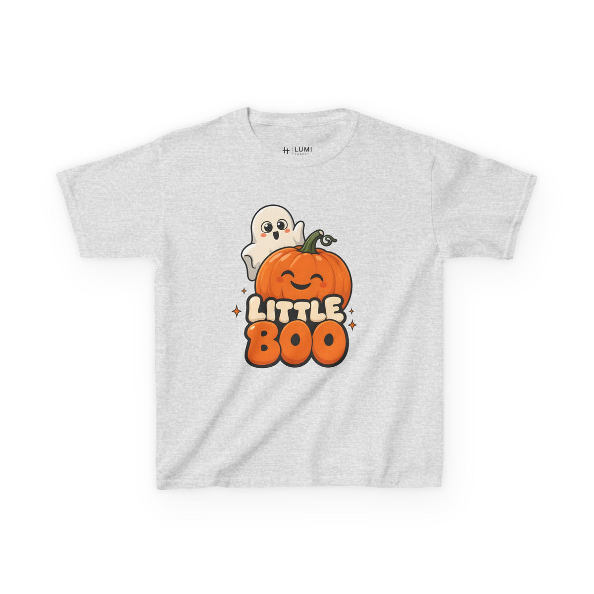 Little Boo Ghost and Pumpkin Kids Halloween T-Shirt in Ash, front