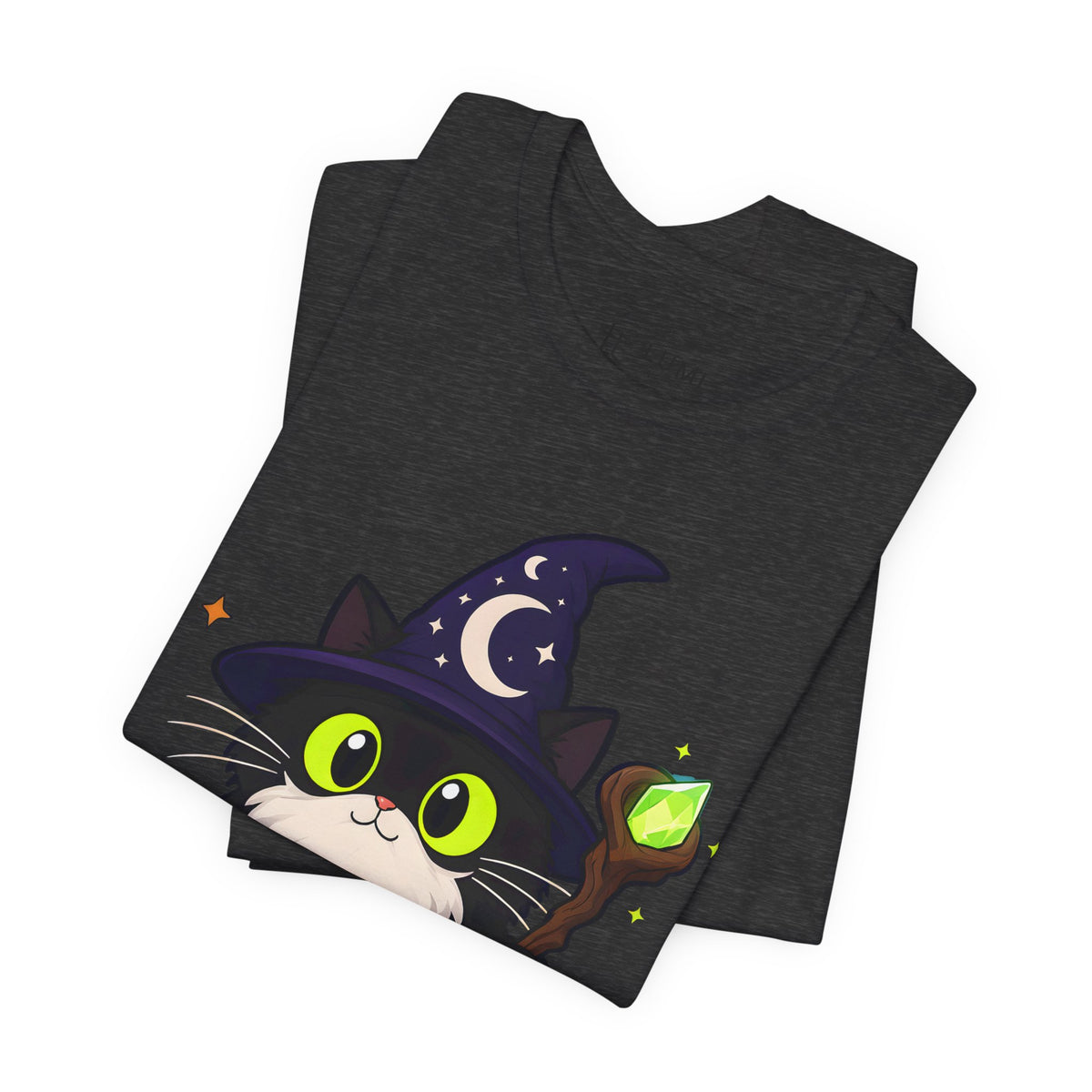 The Wizard Black Cat Halloween T-Shirt for Adults in Dark Grey Heather, folded