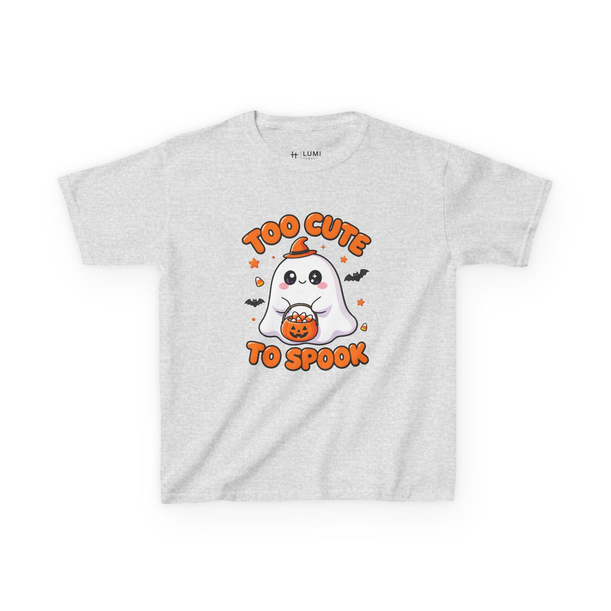 Too Cute to Spook Ghost Kids Halloween T-Shirt in Ash, front