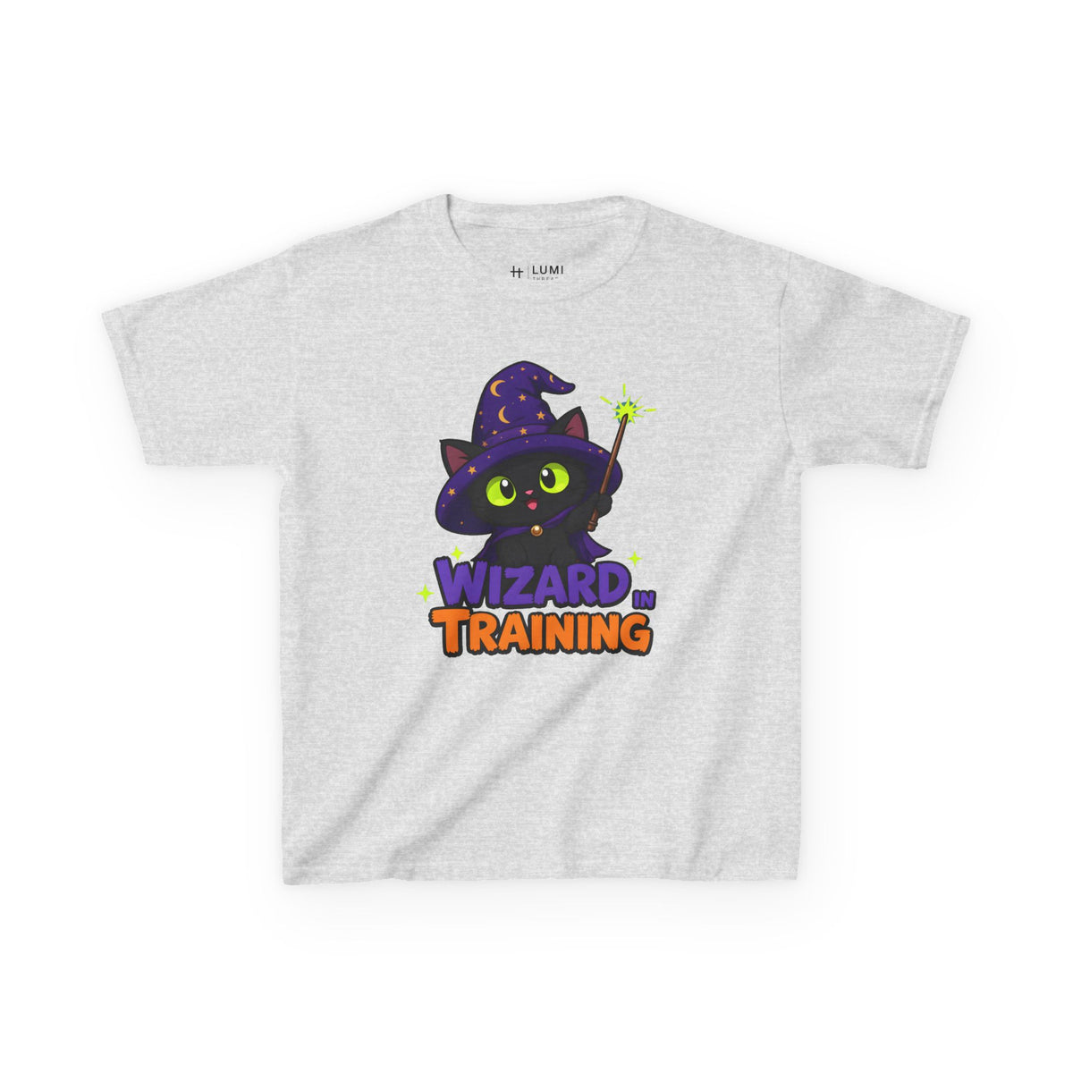 Wizard in Training Black Cat Kids Halloween T-Shirt in Ash, front