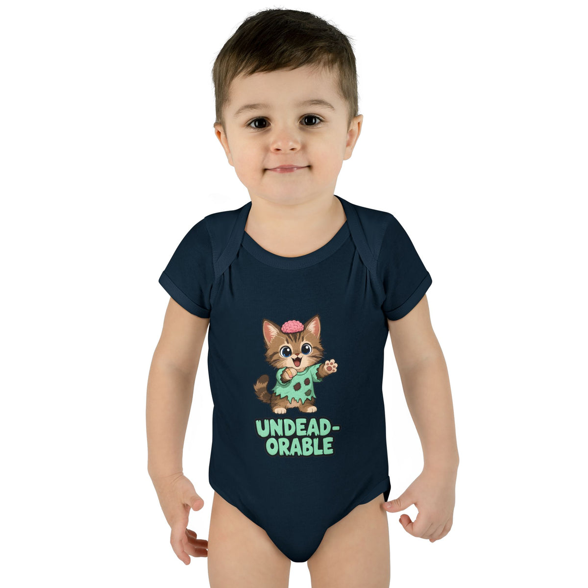 Toddler wearing the Undead-orable Zombie Kitten Baby Halloween Bodysuit in Navy