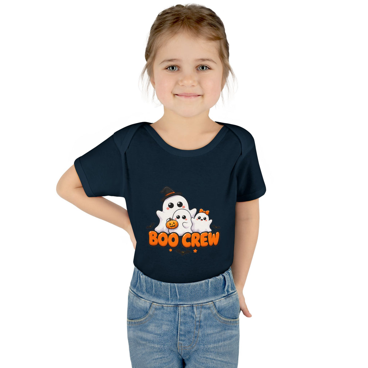 Toddler wearing the Boo Crew Cute Ghost Baby Halloween Bodysuit in Navy