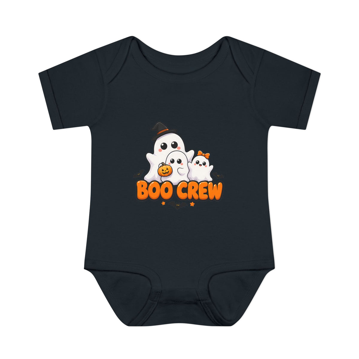 Boo Crew Cute Ghost Baby Halloween Bodysuit in Black, front