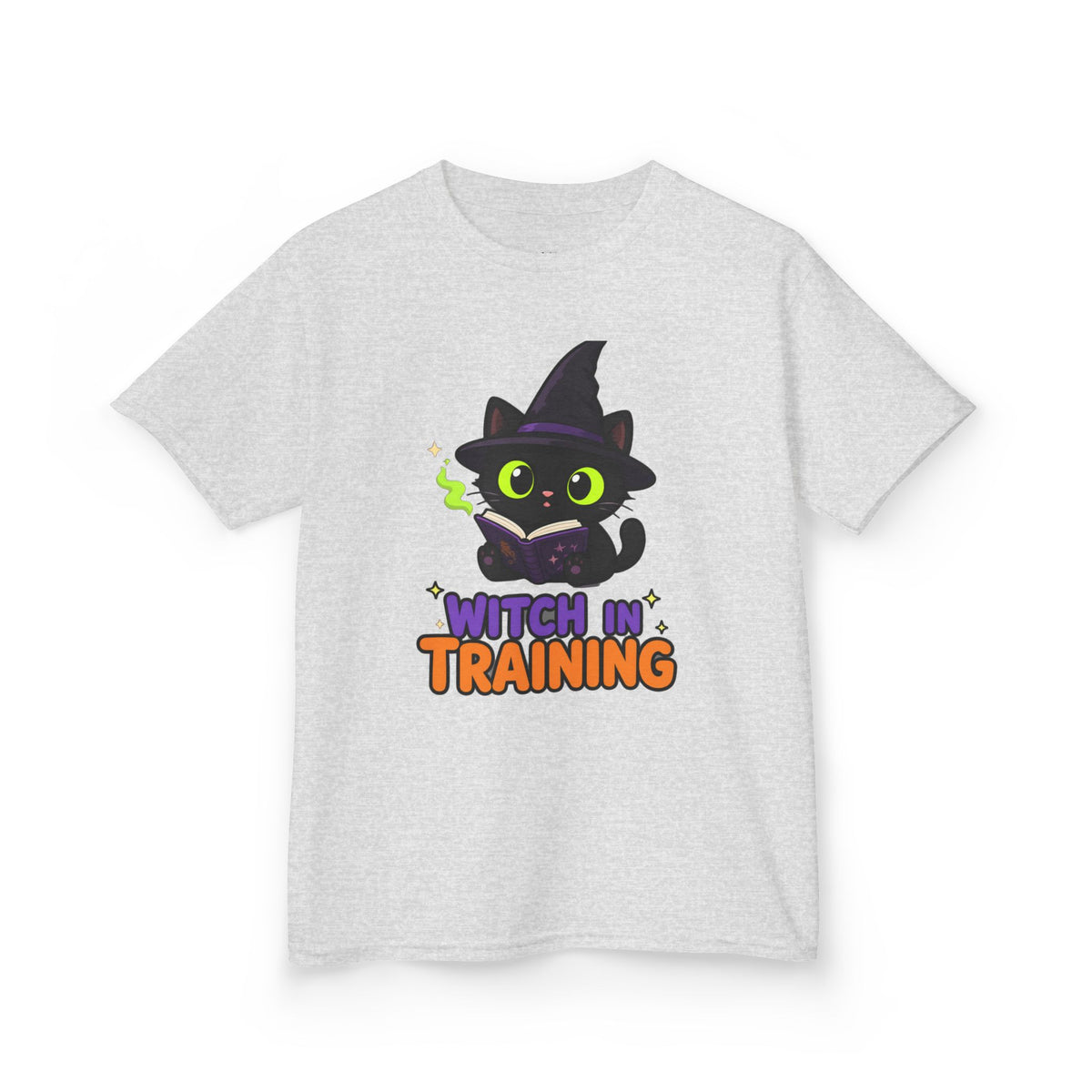 Witch in Training Black Cat Kids Halloween T-Shirt in Ash, front