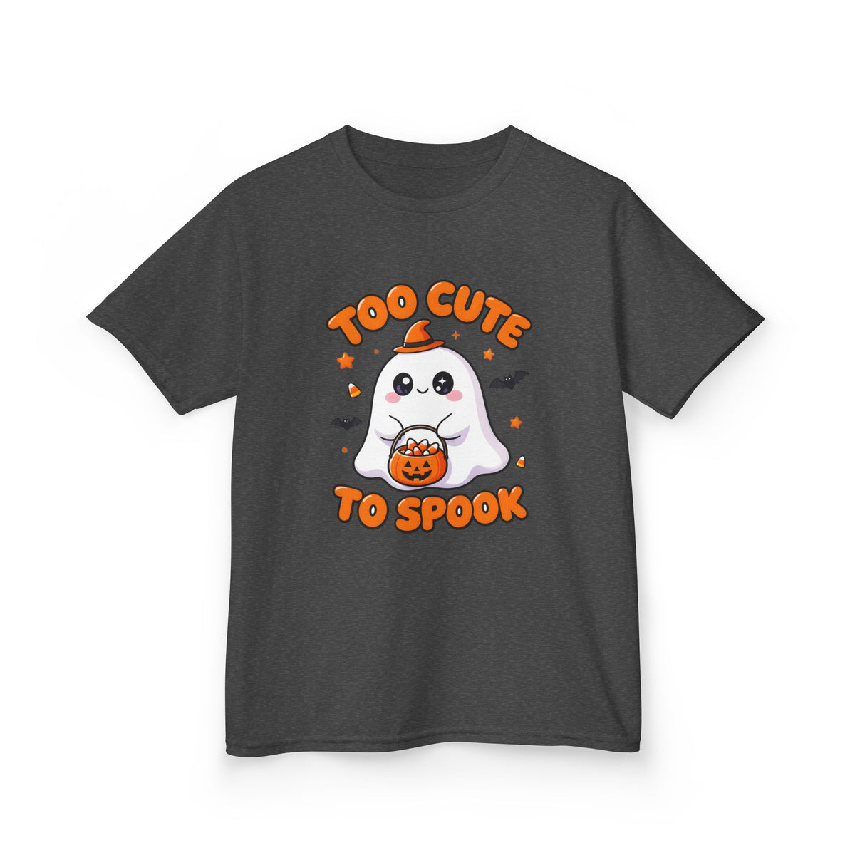 Too Cute to Spook Ghost Kids Halloween T-Shirt in Dark Heather, front