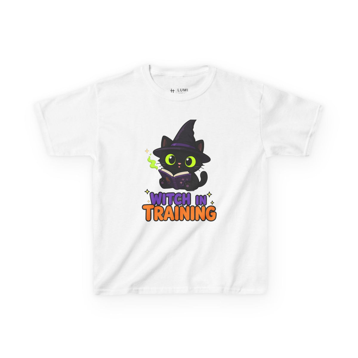 Witch in Training Black Cat Kids Halloween T-Shirt in White, front