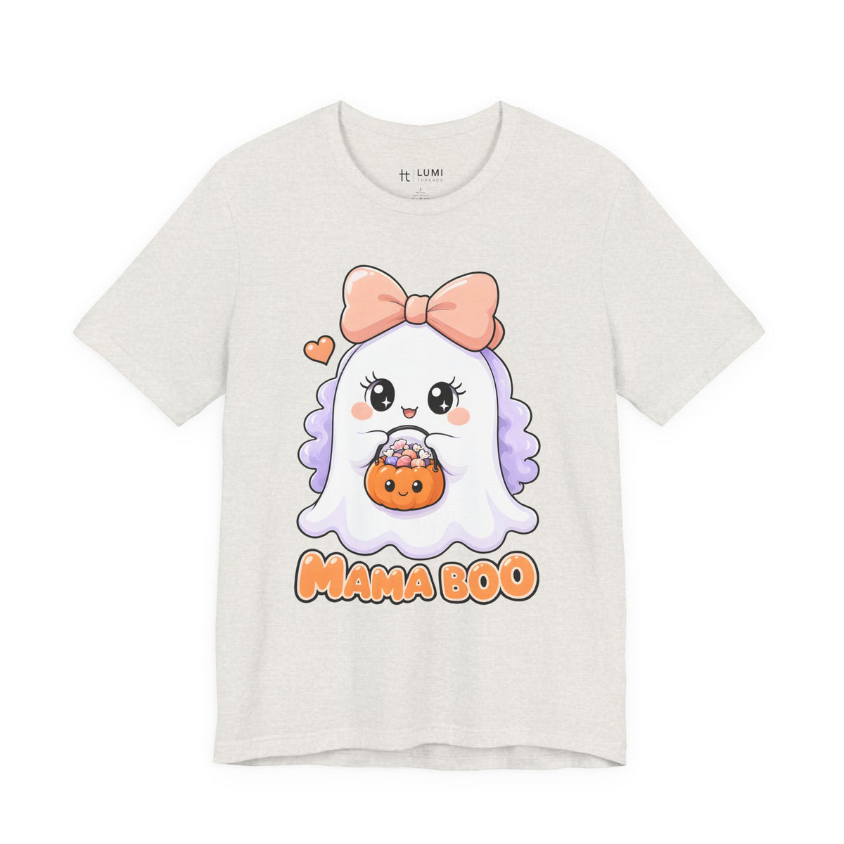 Mama Boo Cute Ghost Mom Halloween T-Shirt for Adults in Heather Cement, front