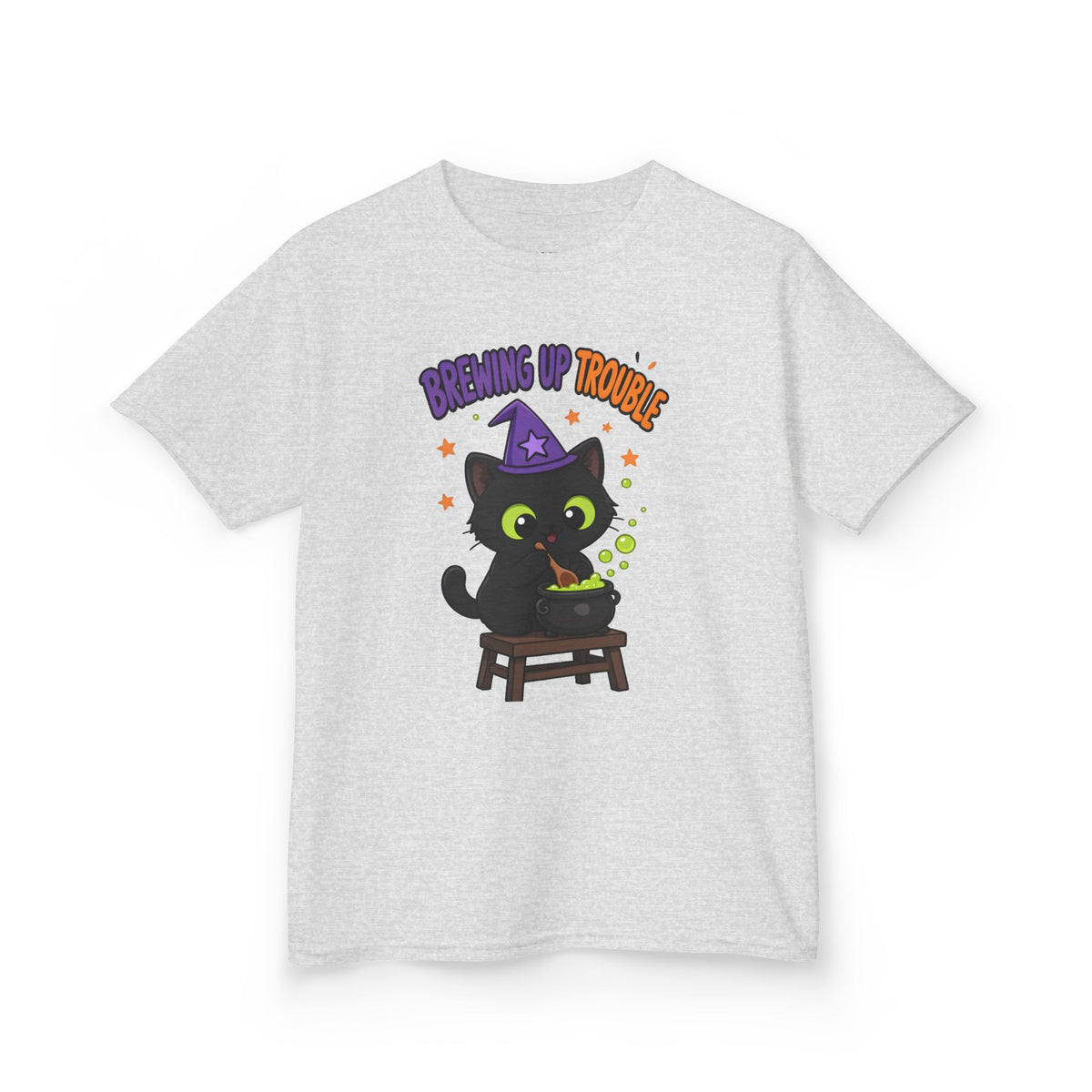 Brewing Up Trouble Black Cat Kids Halloween T-Shirt in Ash, front