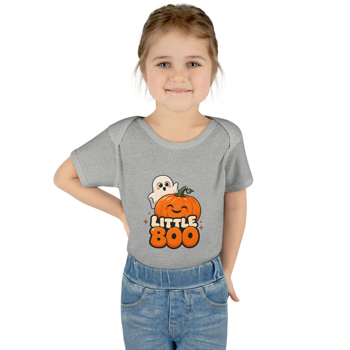 Toddler wearing the Little Boo Ghost and Pumpkin Baby Halloween Bodysuit in Heather