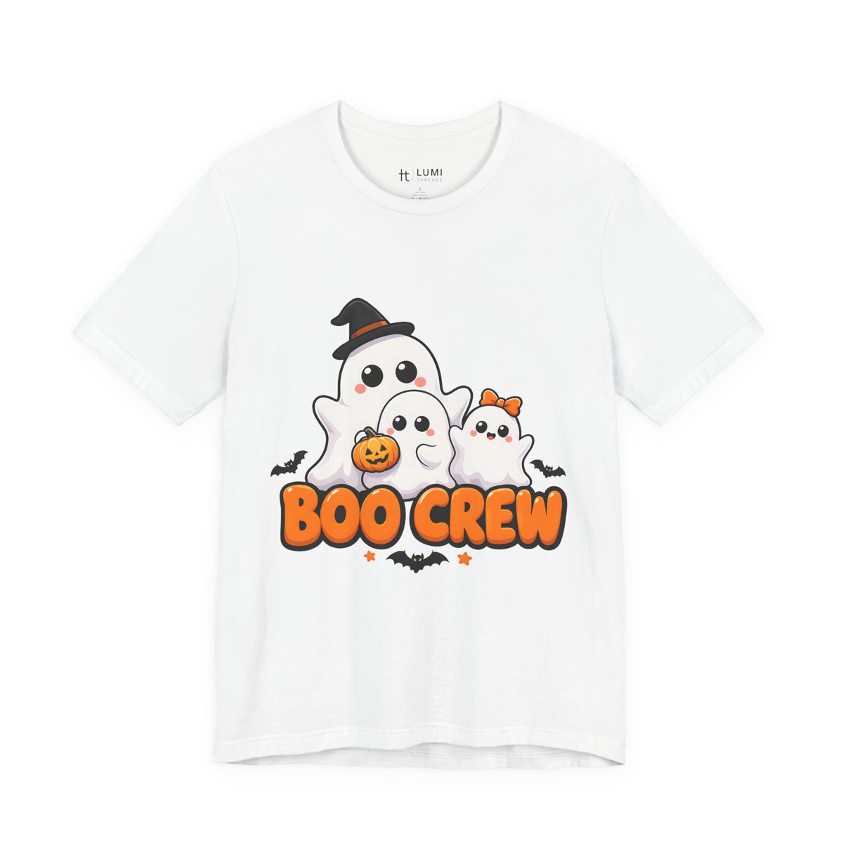 Boo Crew Cute Ghost Halloween T-Shirt for Adults in White, front