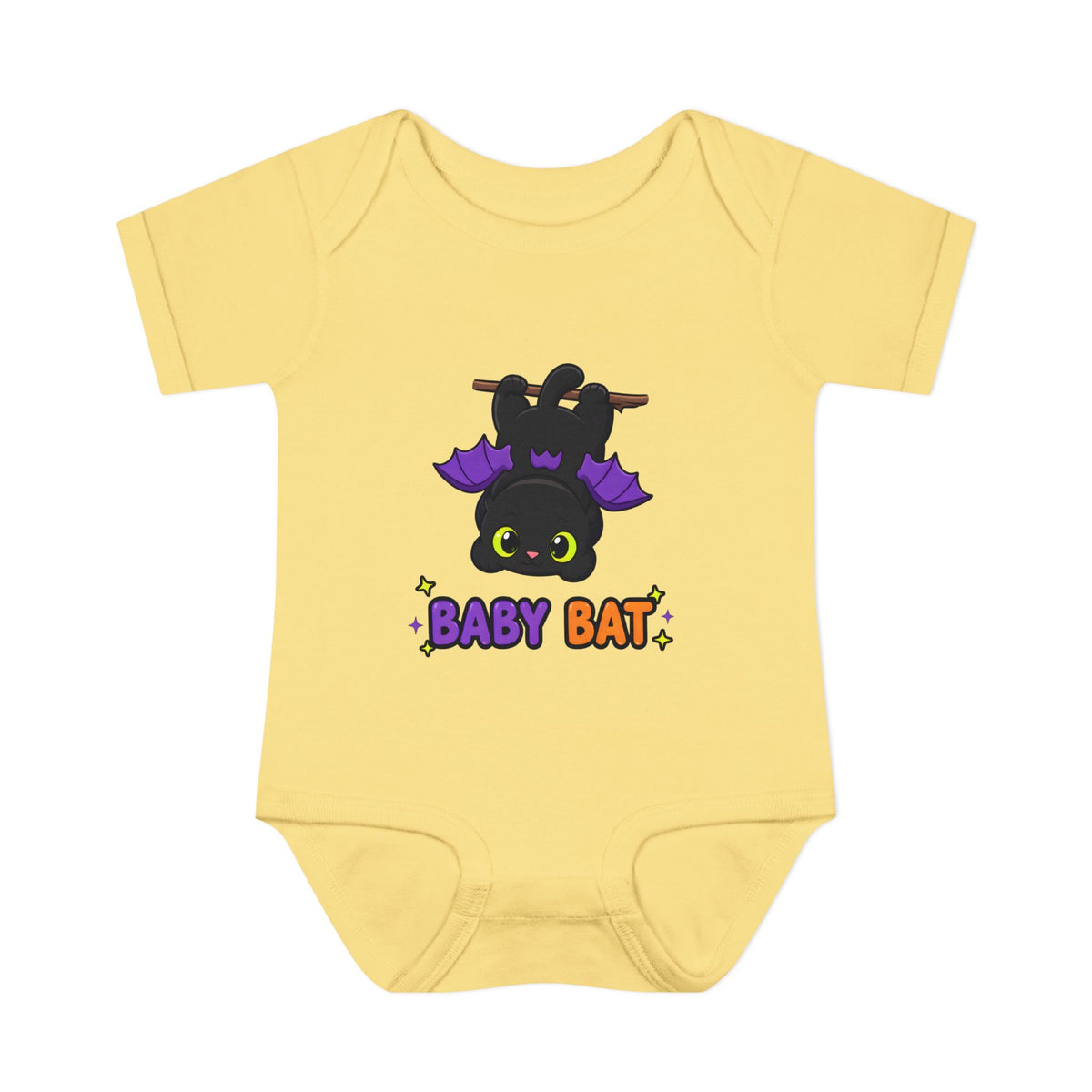 Baby Bat Black Cat Baby Halloween Bodysuit in Banana, front
