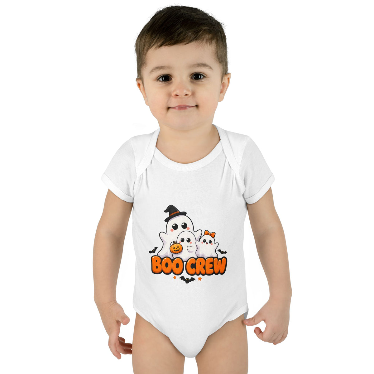 Toddler wearing the Boo Crew Cute Ghost Baby Halloween Bodysuit in White