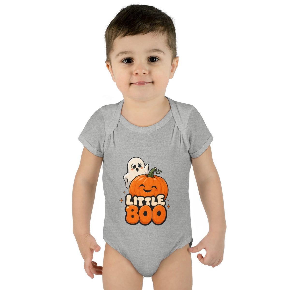 Toddler wearing the Little Boo Ghost and Pumpkin Baby Halloween Bodysuit in Heather