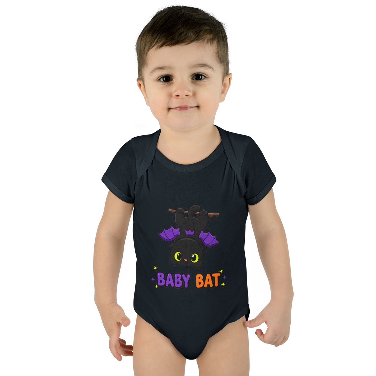 Toddler wearing the Baby Bat Black Cat Baby Halloween Bodysuit in Black