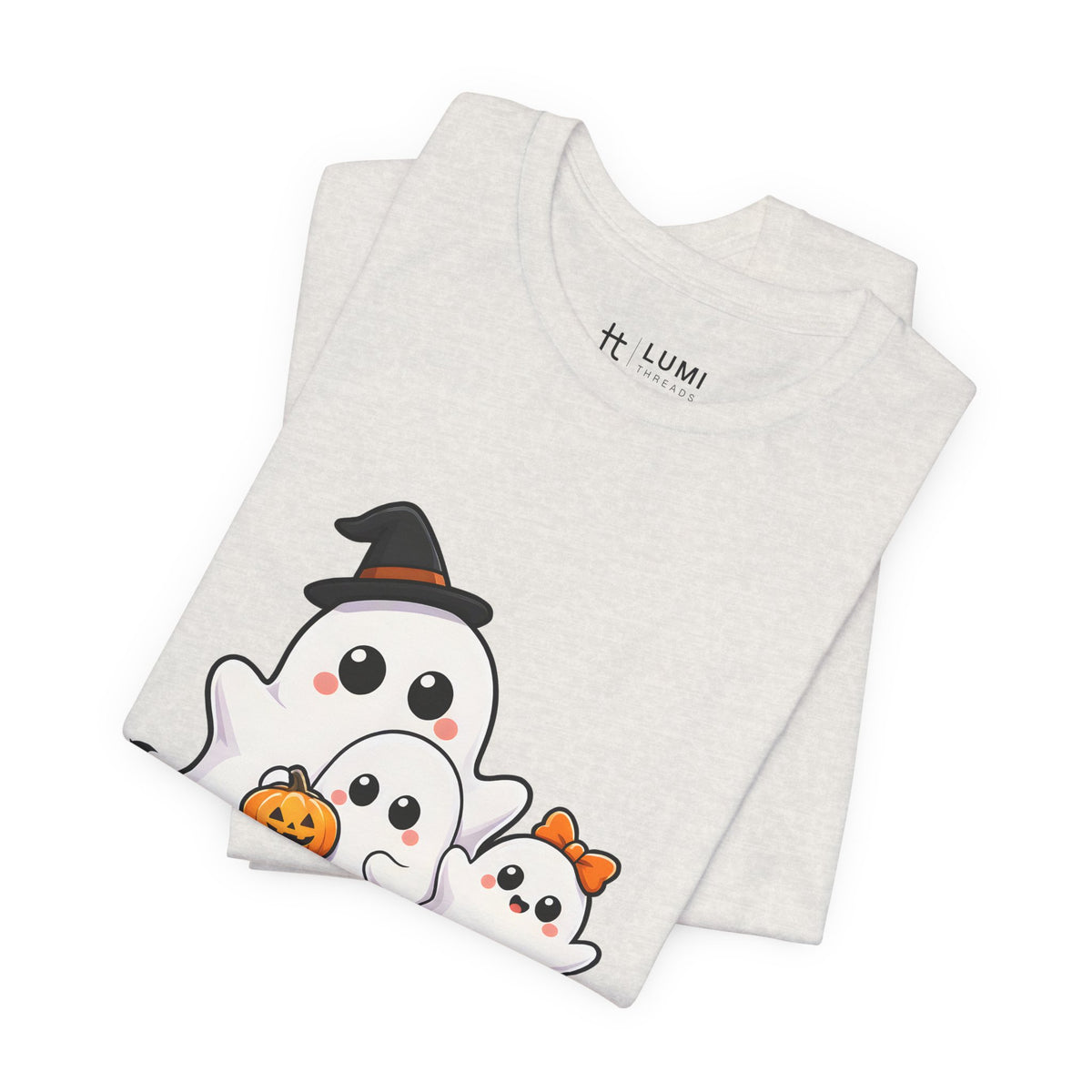Boo Crew Cute Ghost Halloween T-Shirt for Adults in Heather Cement, folded