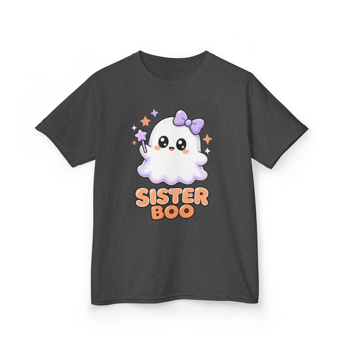 Sister Boo Cute Ghost Kids Halloween T-Shirt in Dark Heather, front