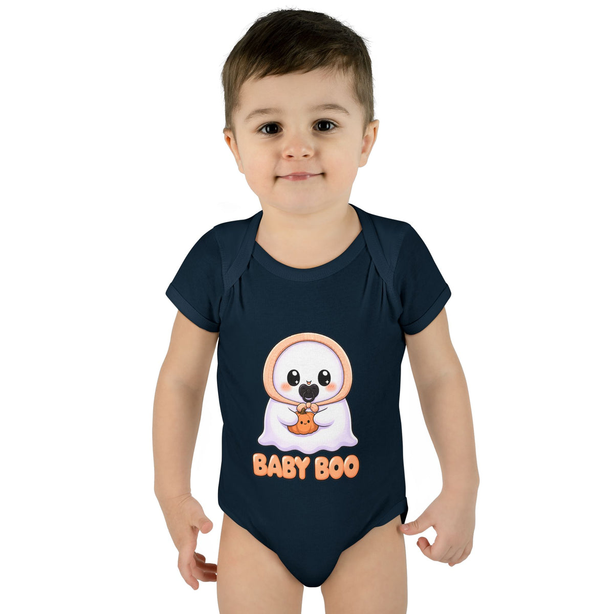 Toddler wearing the Baby Boo Cute Ghost Baby Halloween Bodysuit in Navy