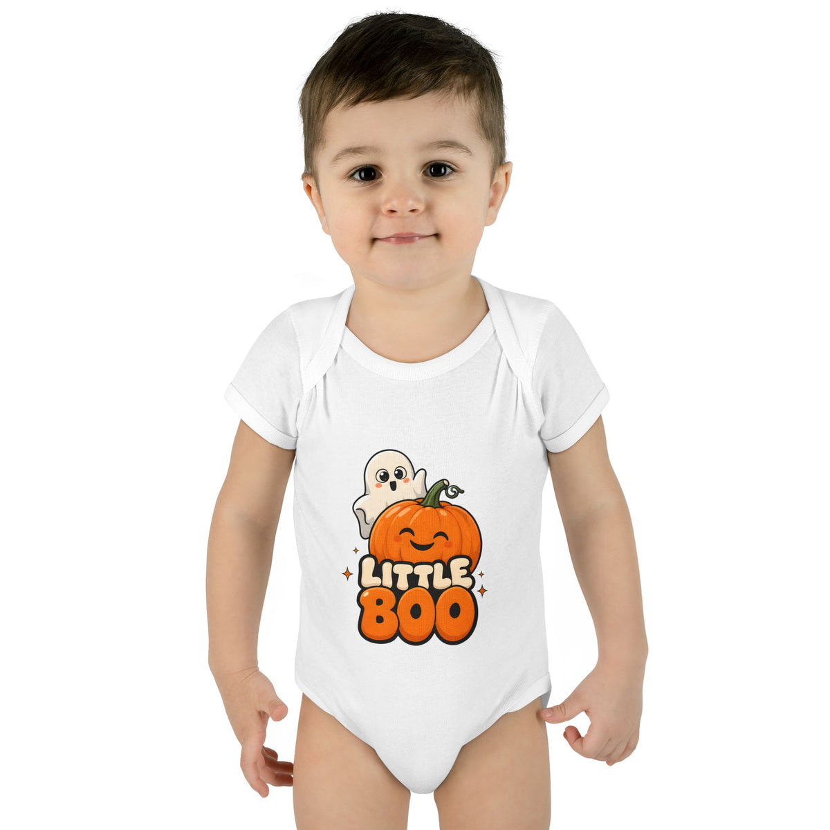 Toddler wearing the Little Boo Ghost and Pumpkin Baby Halloween Bodysuit in White