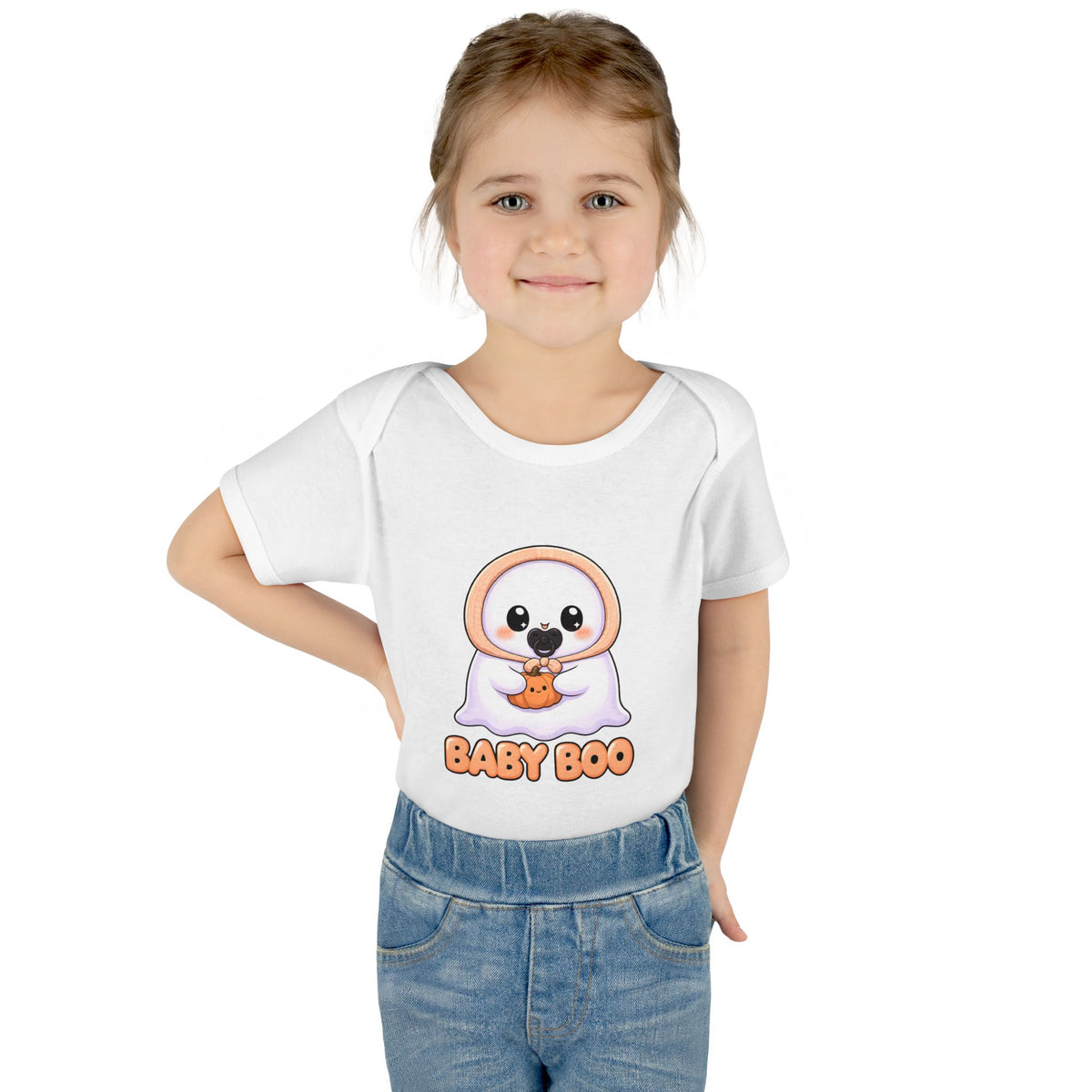 Toddler wearing the Baby Boo Cute Ghost Baby Halloween Bodysuit in White