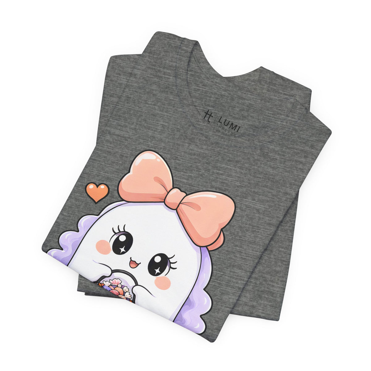 Mama Boo Cute Ghost Mom Halloween T-Shirt for Adults in Deep Heather, folded