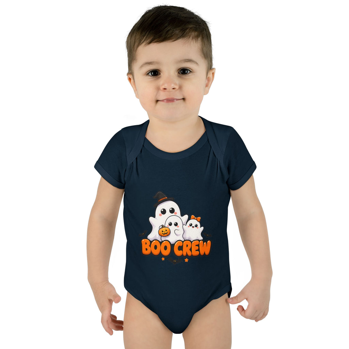 Toddler wearing the Boo Crew Cute Ghost Baby Halloween Bodysuit in Navy