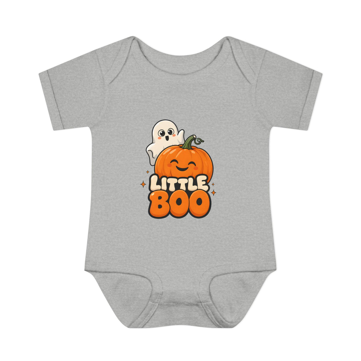 Little Boo Ghost and Pumpkin Baby Halloween Bodysuit in Heather, front