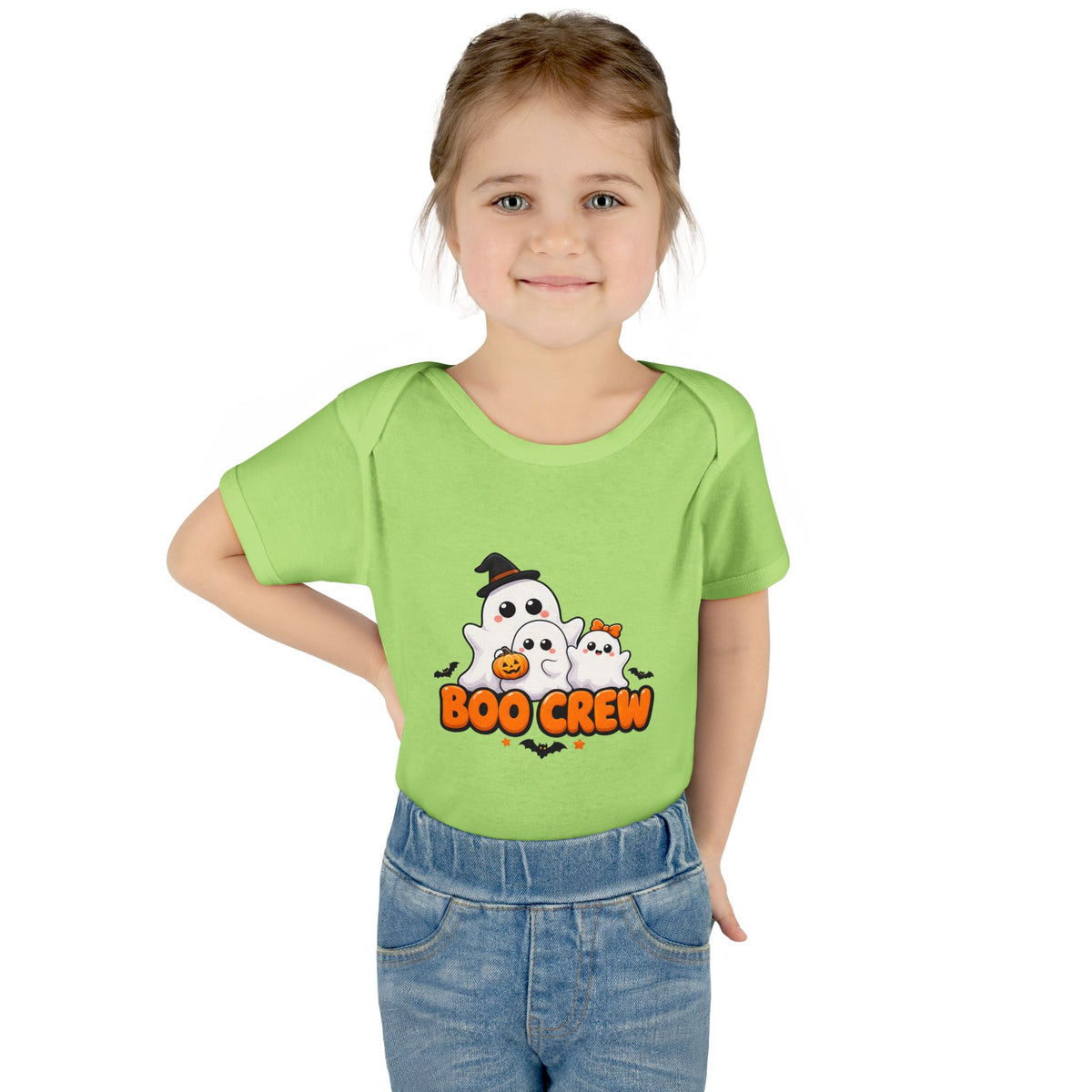 Toddler wearing the Boo Crew Cute Ghost Baby Halloween Bodysuit in Key Lime