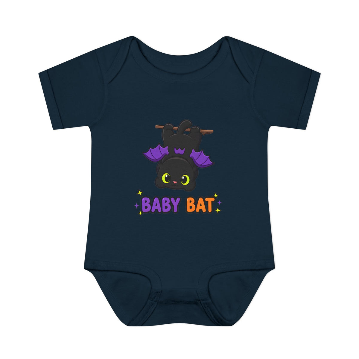 Baby Bat Black Cat Baby Halloween Bodysuit in Navy, front
