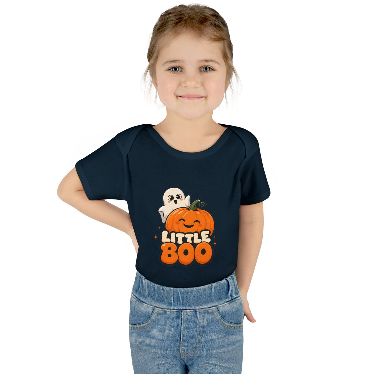 Toddler wearing the Little Boo Ghost and Pumpkin Baby Halloween Bodysuit in Navy