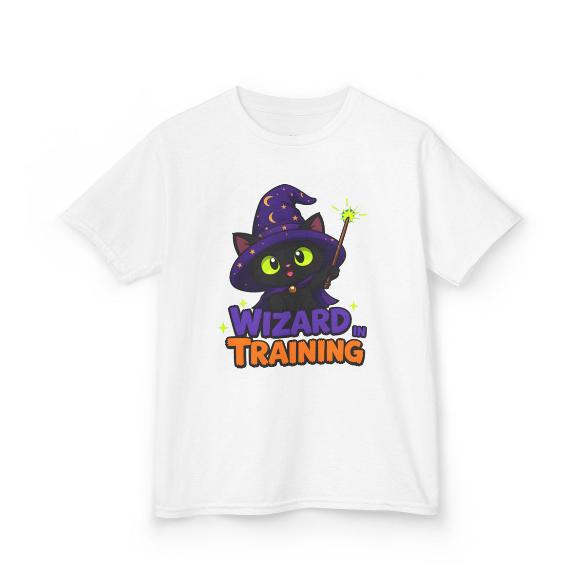 Wizard in Training Black Cat Kids Halloween T-Shirt in White, front
