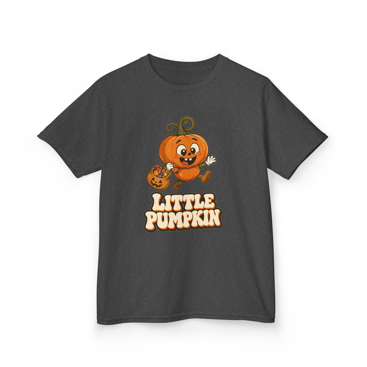 Little Pumpkin Trick-or-Treat Kids Halloween T-Shirt in Dark Heather, front