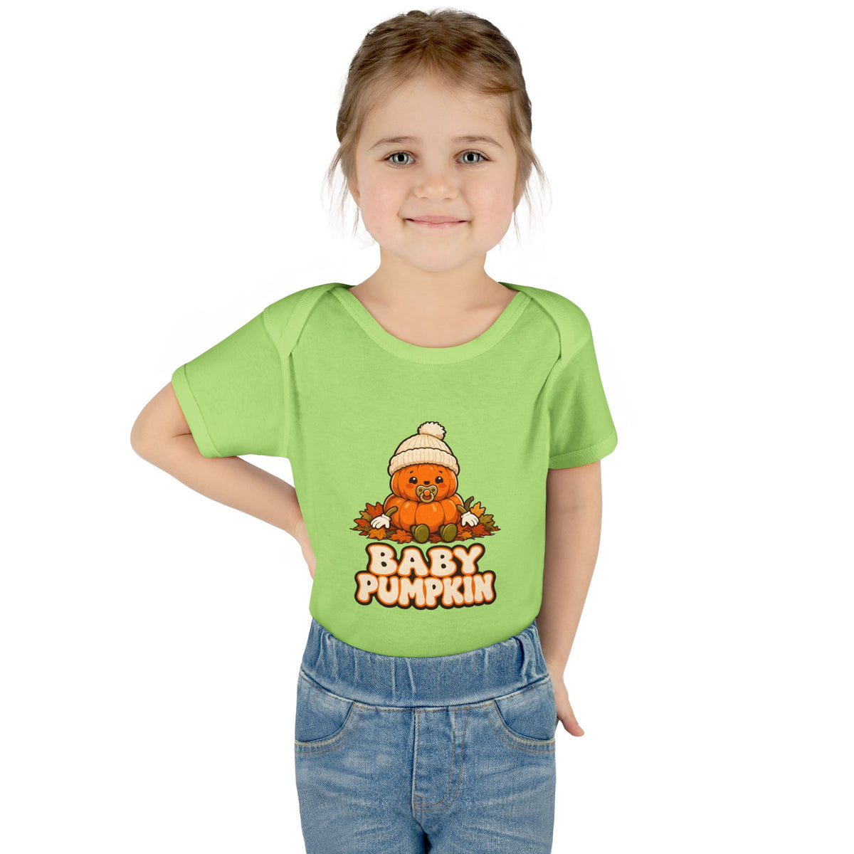 Toddler wearing the Baby Pumpkin First Halloween Baby Bodysuit in Key Lime