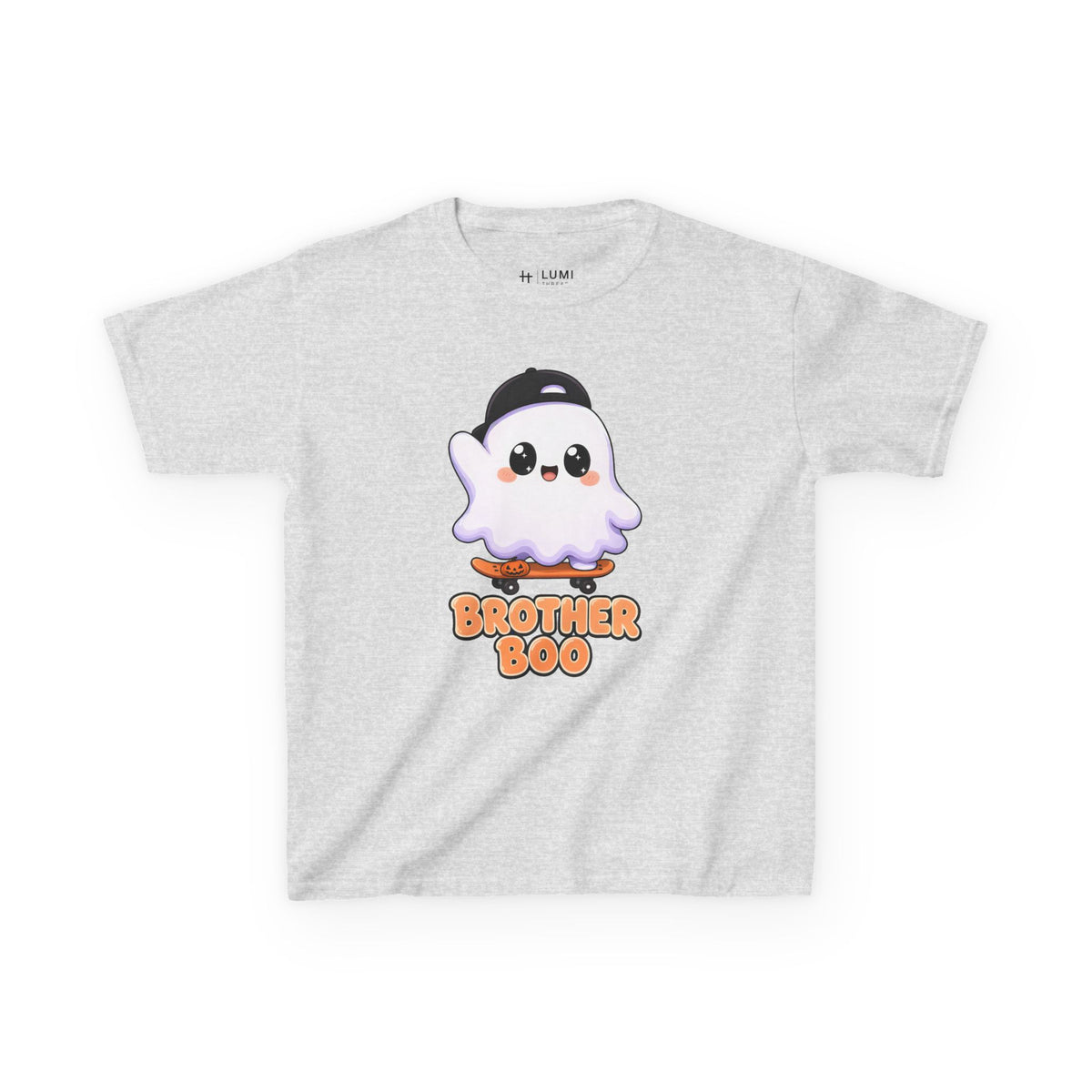 Brother Boo Skateboard Ghost Kids Halloween T-Shirt in Ash, front