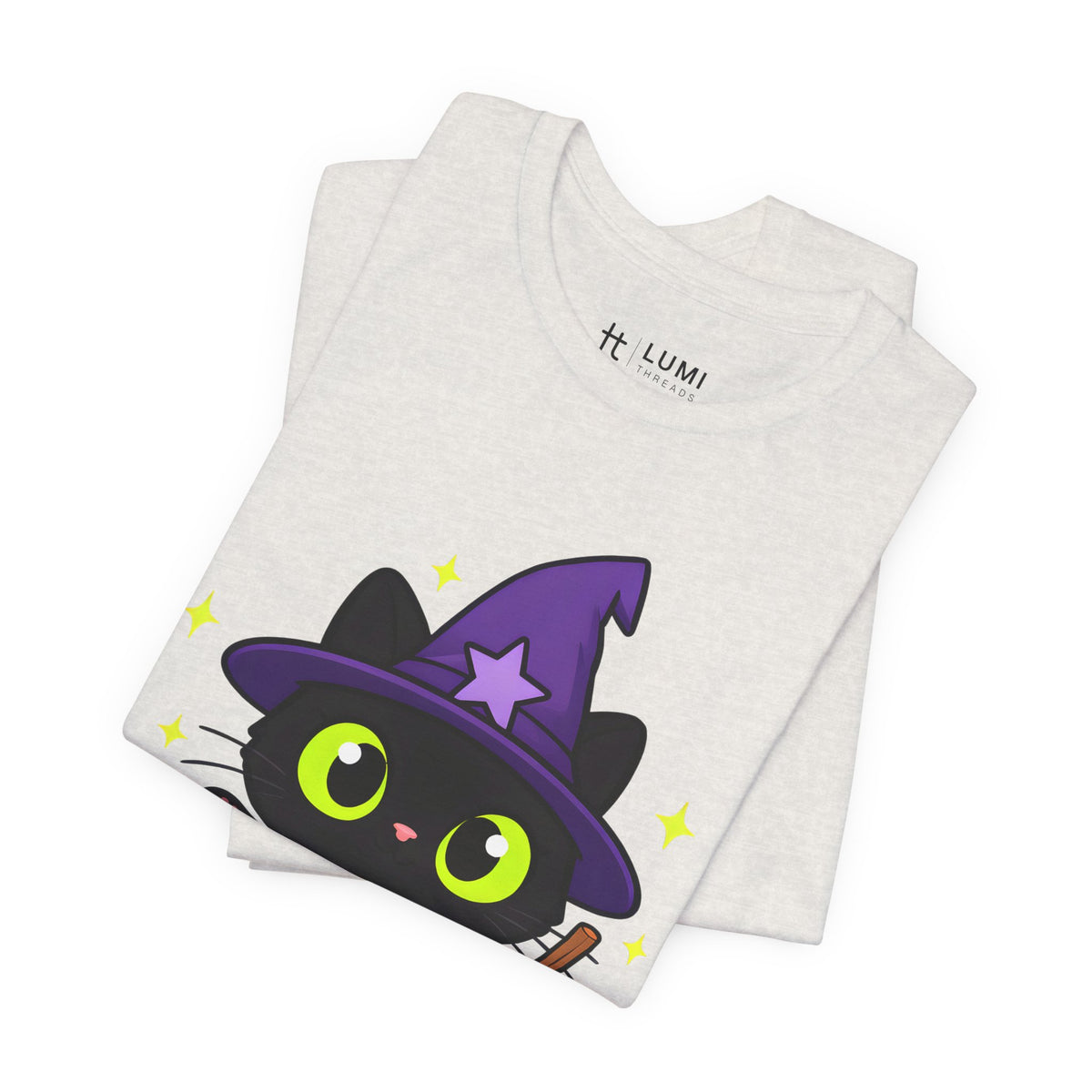 Head Witch Black Cat Halloween T-Shirt for Adults in Heather Cement, folded