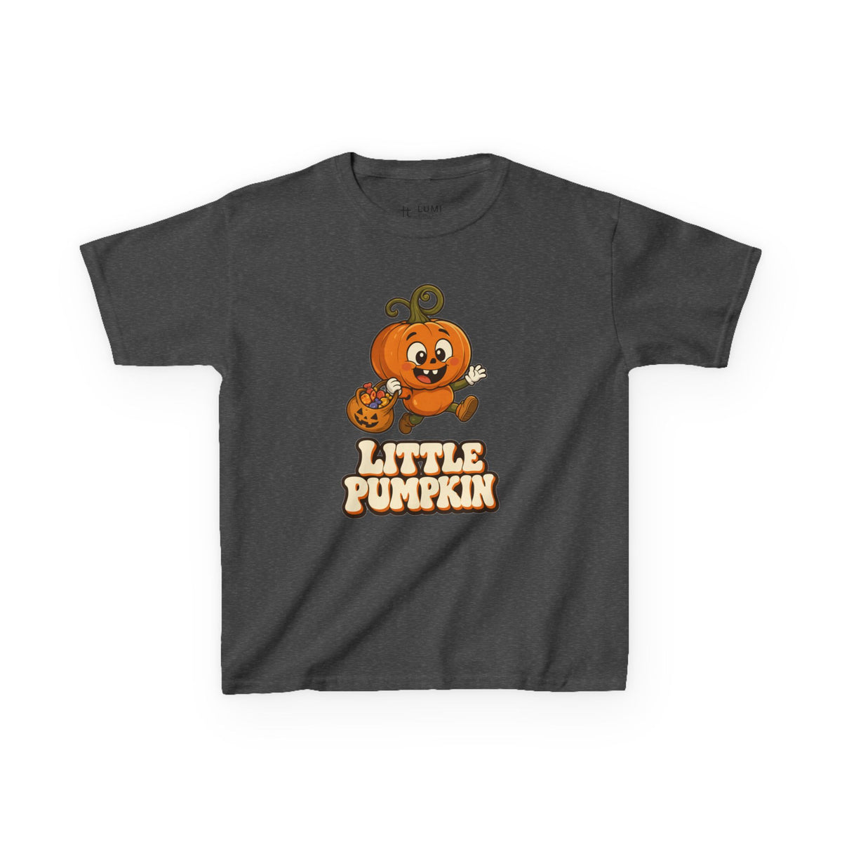 Little Pumpkin Trick-or-Treat Kids Halloween T-Shirt in Dark Heather, front