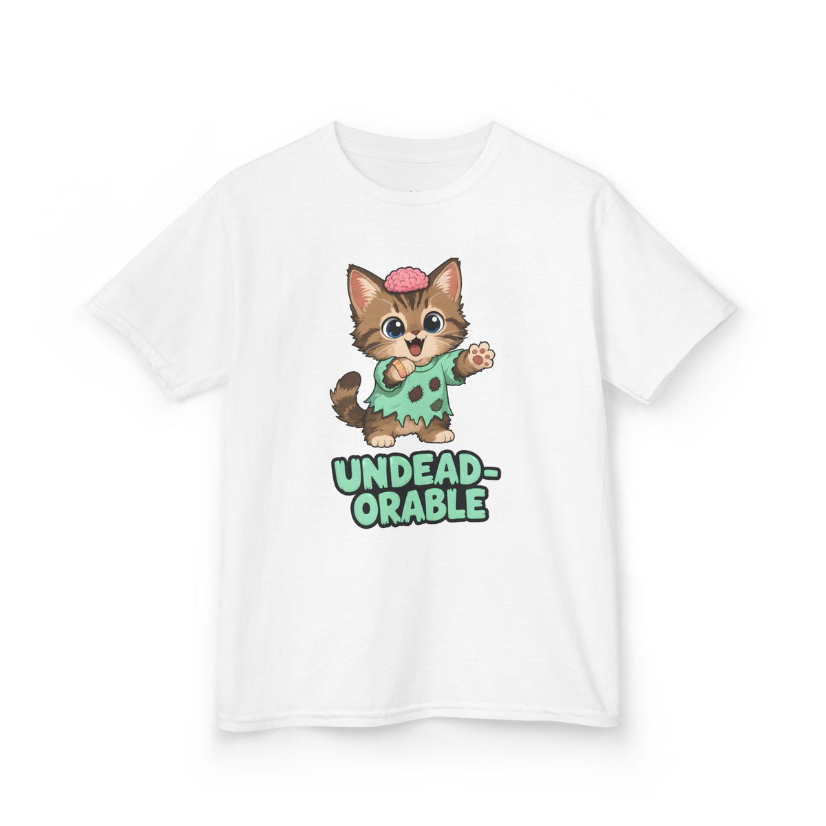 Undead-orable Zombie Kitten Kids Halloween T-Shirt in White, front