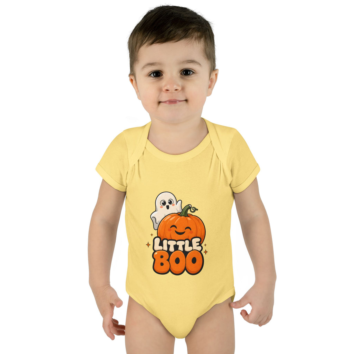 Toddler wearing the Little Boo Ghost and Pumpkin Baby Halloween Bodysuit in Banana