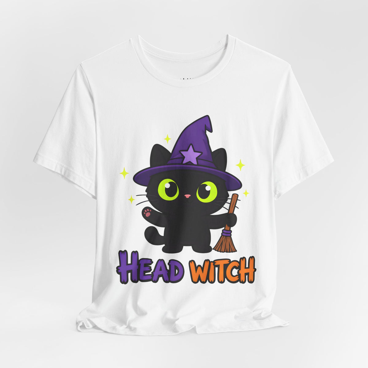 Head Witch Black Cat Halloween T-Shirt for Adults in White, front