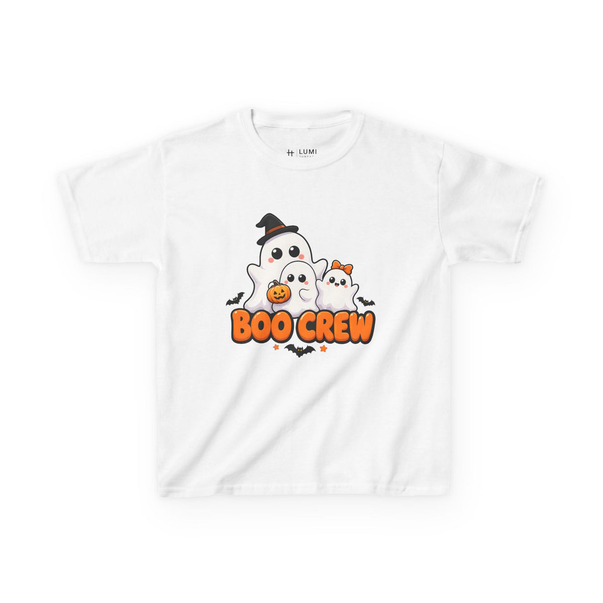 Boo Crew Cute Ghost Kids Halloween T-Shirt in White, front