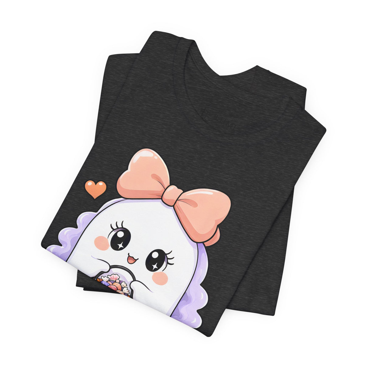 Mama Boo Cute Ghost Mom Halloween T-Shirt for Adults in Dark Grey Heather, folded