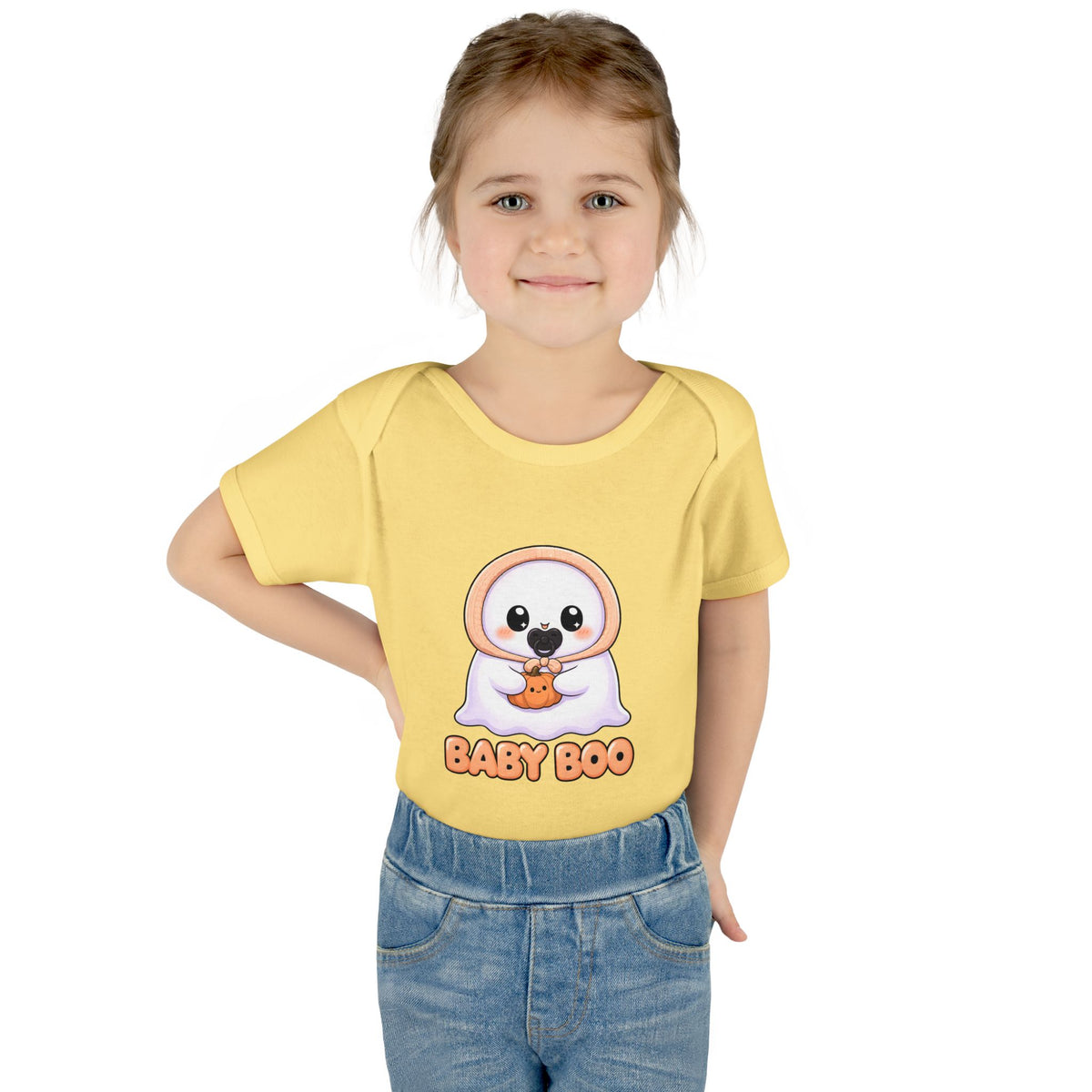 Toddler wearing the Baby Boo Cute Ghost Baby Halloween Bodysuit in Banana