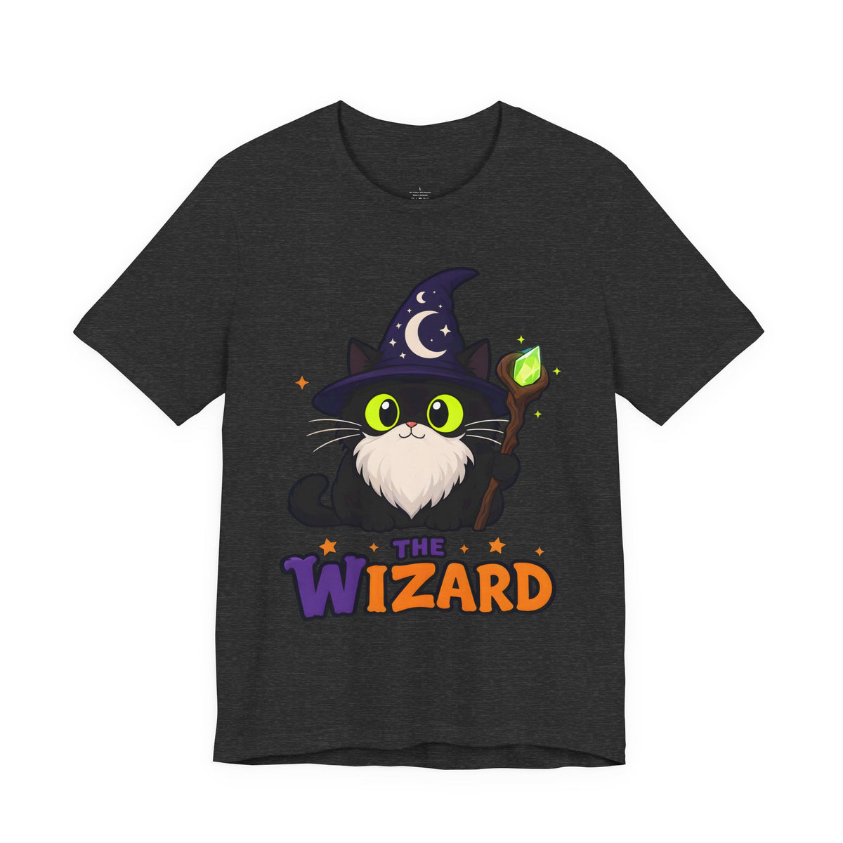 The Wizard Black Cat Halloween T-Shirt for Adults in Dark Grey Heather, front